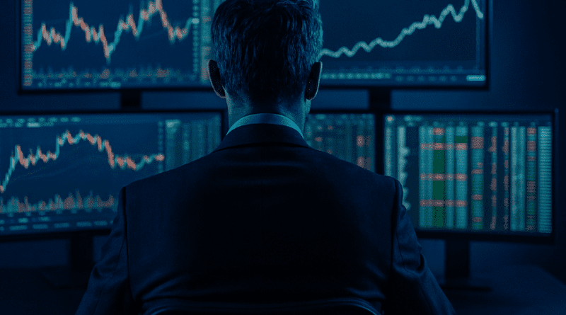 A home trader sits in a dark blue-toned room, focused on multiple screens displaying algorithmic trading charts, RSI indicators, and market sentiment data. The scene evokes modern trading psychology, contrasting André Kostolany’s classic "3 I" principle—Interest, Intuition, Intelligence—with today’s emphasis on timeframes, overbought/oversold signals, and dynamic market regimes. The trader embodies disciplined risk management, tracking expectancy and performance through a detailed trade journal and KPI dashboard.